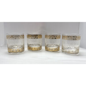 Vtg Lot of 4 Culver Glass Scintilla Village Old Fashioned Glass Rocks Gold As Is